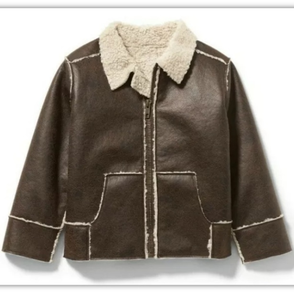 NWOT $99 Boy Cocoa Faux Leather Sherpa Jacket 2T